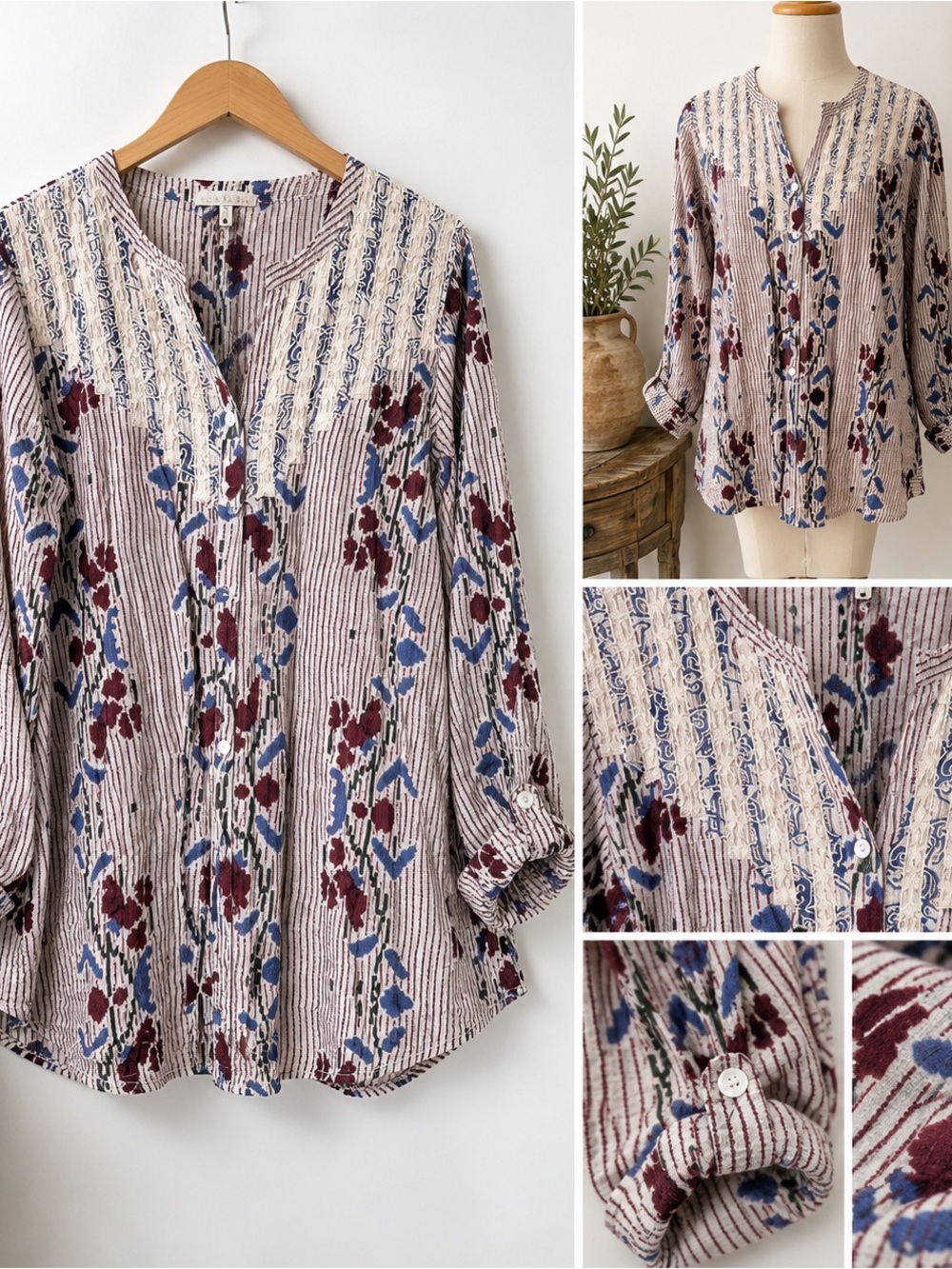 The Territory Ahead Womens XL Boho Floral Embroidered Cotton Tunic Blouse lace